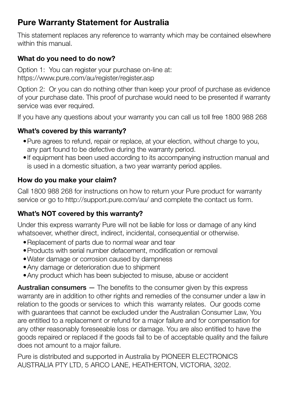Pure warranty statement for australia | Pure Evoke Mio Deutsche Grammophon User Manual | Page 2 / 112
