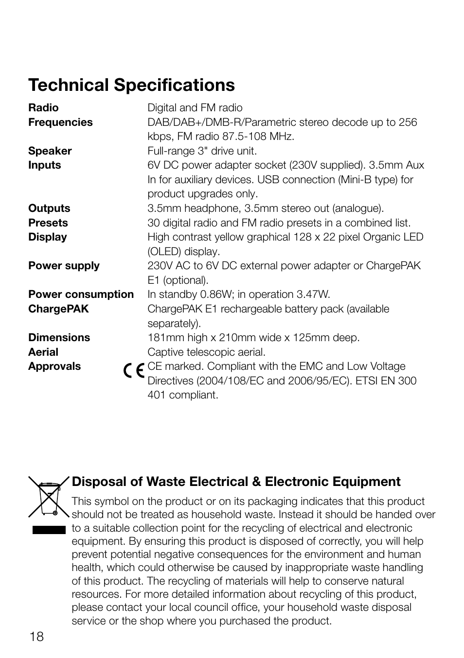 Technical specifications | Pure Evoke Mio Deutsche Grammophon User Manual | Page 20 / 112