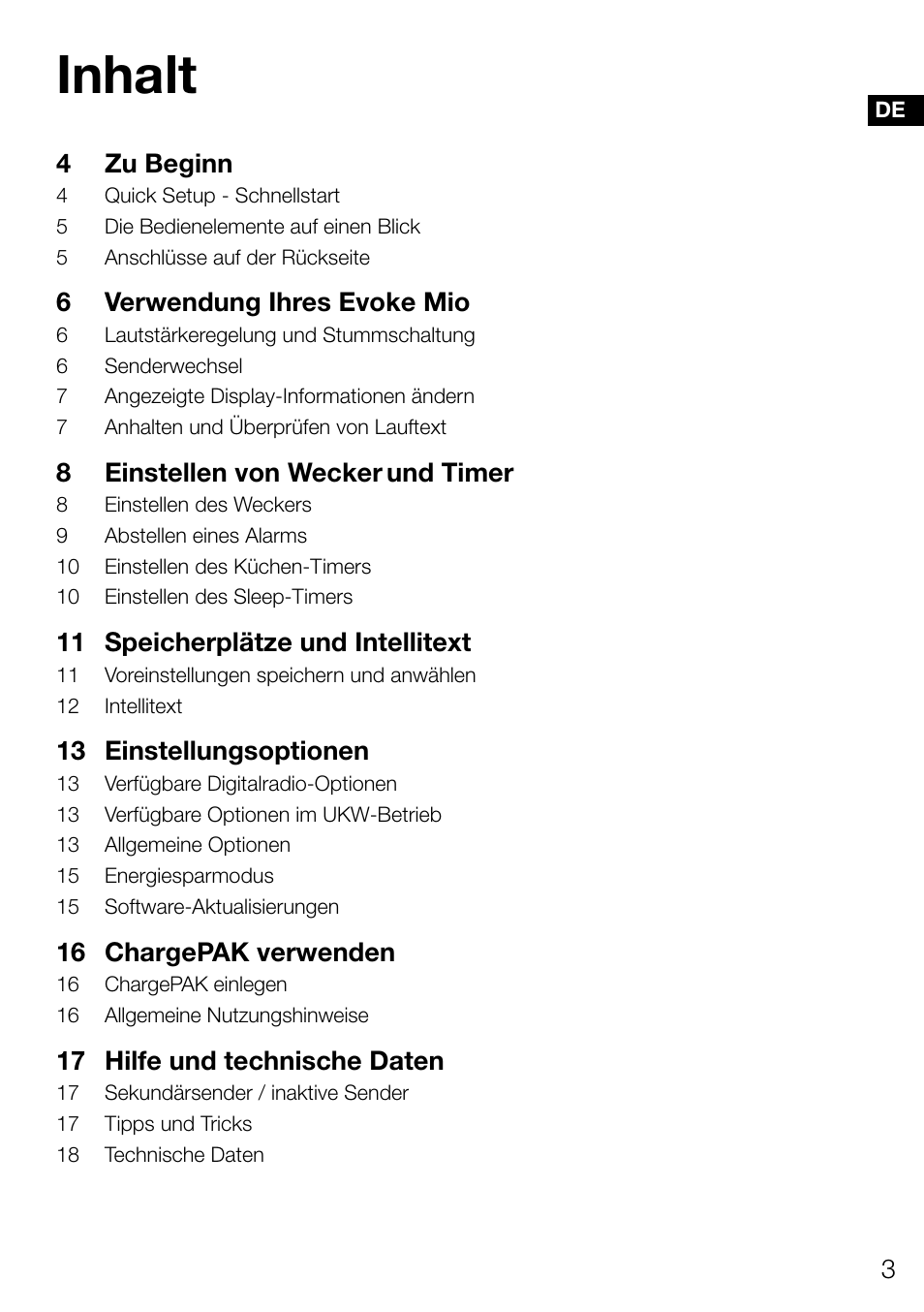 Inhalt, 4 zu beginn, 6 verwendung ihres evoke mio | 8 einstellen von wecker und timer, 11 speicherplätze und intellitext, 13 einstellungsoptionen, 16 chargepak verwenden, 17 hilfe und technische daten | Pure Evoke Mio Deutsche Grammophon User Manual | Page 23 / 112