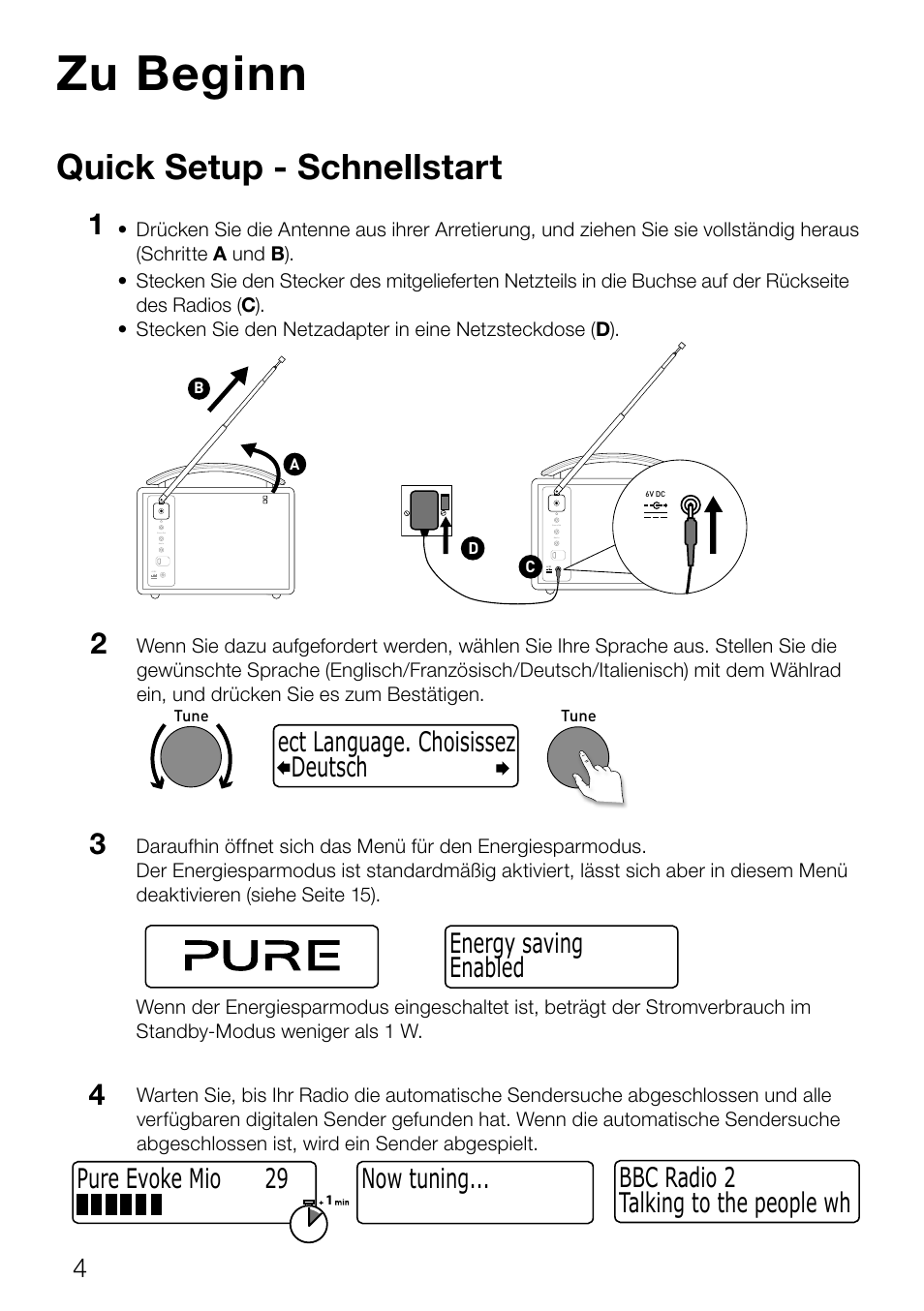 Zu beginn, Quick setup - schnellstart, Now tuning... talking to the people wh bbc radio 2 | Deutsch ect language. choisissez, Enabled energy saving, Pure evoke mio 29 | Pure Evoke Mio Deutsche Grammophon User Manual | Page 24 / 112