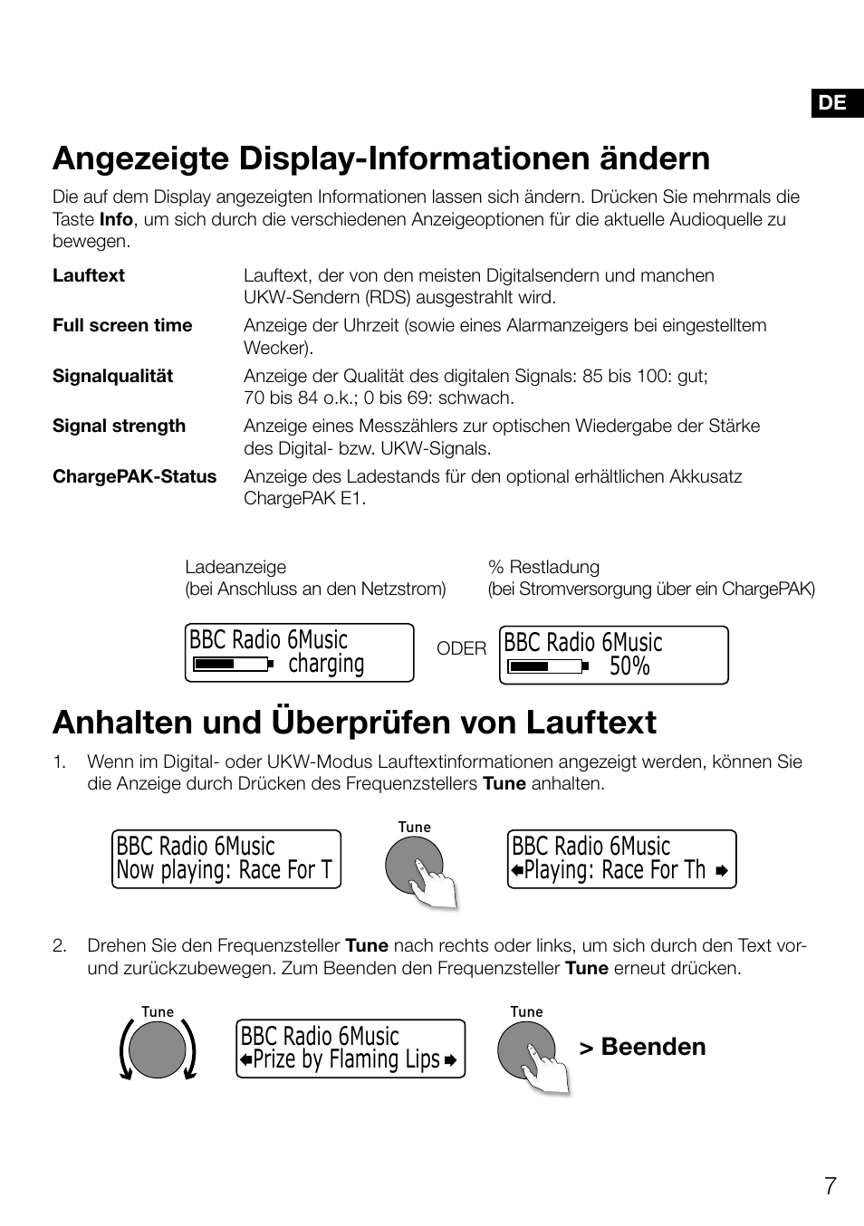 Angezeigte display-informationen ändern, Anhalten und überprüfen von lauftext, Bbc radio 6music charging bbc radio 6music 50 | Beenden | Pure Evoke Mio Deutsche Grammophon User Manual | Page 27 / 112