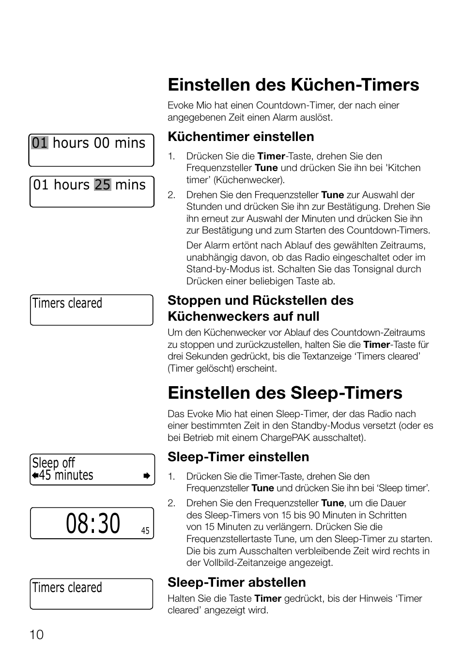 Einstellen des küchen-timers, Einstellen des sleep-timers, 01 hours 00 mins | 45 minutes sleep off, Timers cleared, 01 hours 25 mins timers cleared | Pure Evoke Mio Deutsche Grammophon User Manual | Page 30 / 112