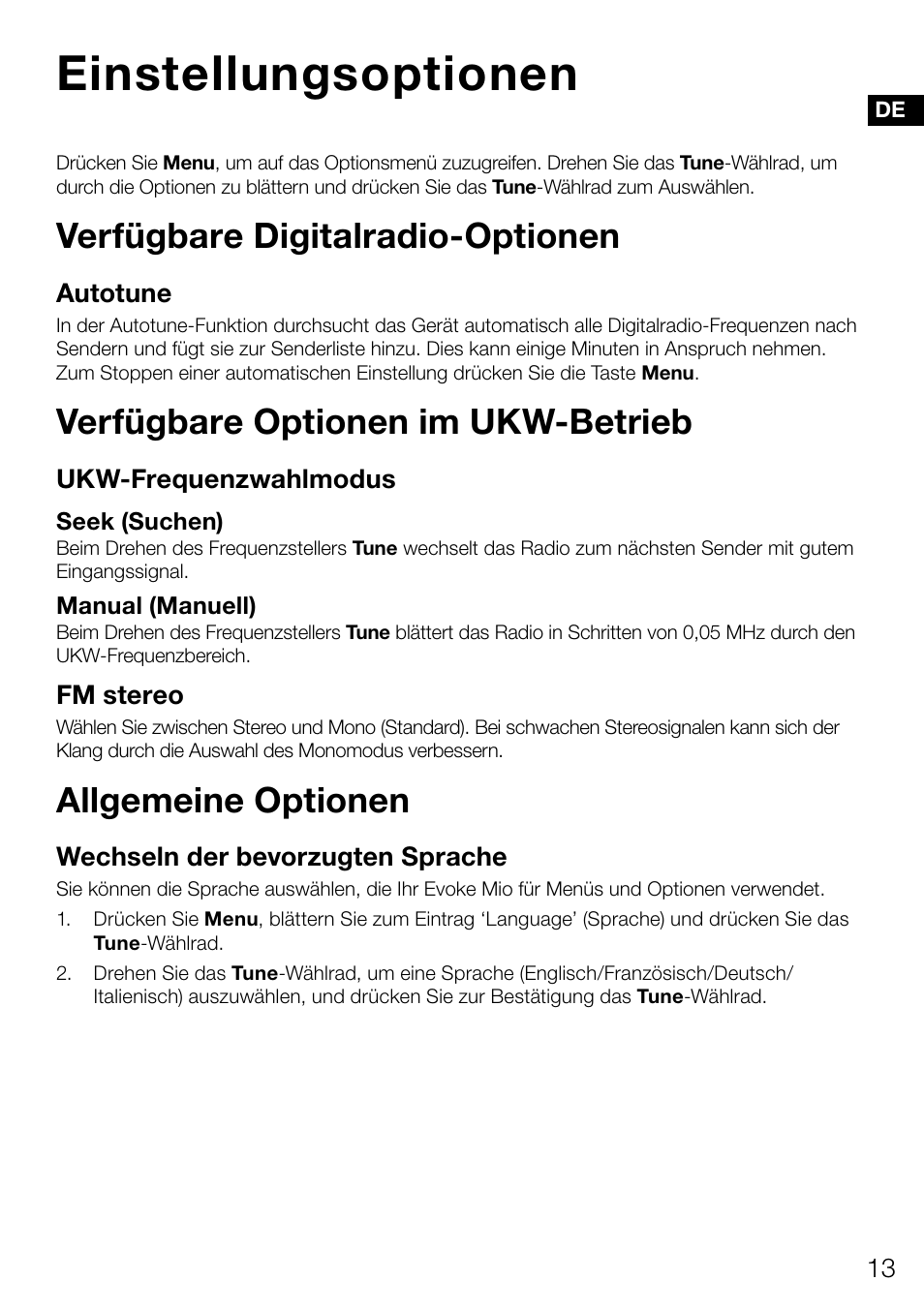 Einstellungsoptionen, Verfügbare digitalradio-optionen, Verfügbare optionen im ukw-betrieb | Allgemeine optionen | Pure Evoke Mio Deutsche Grammophon User Manual | Page 33 / 112