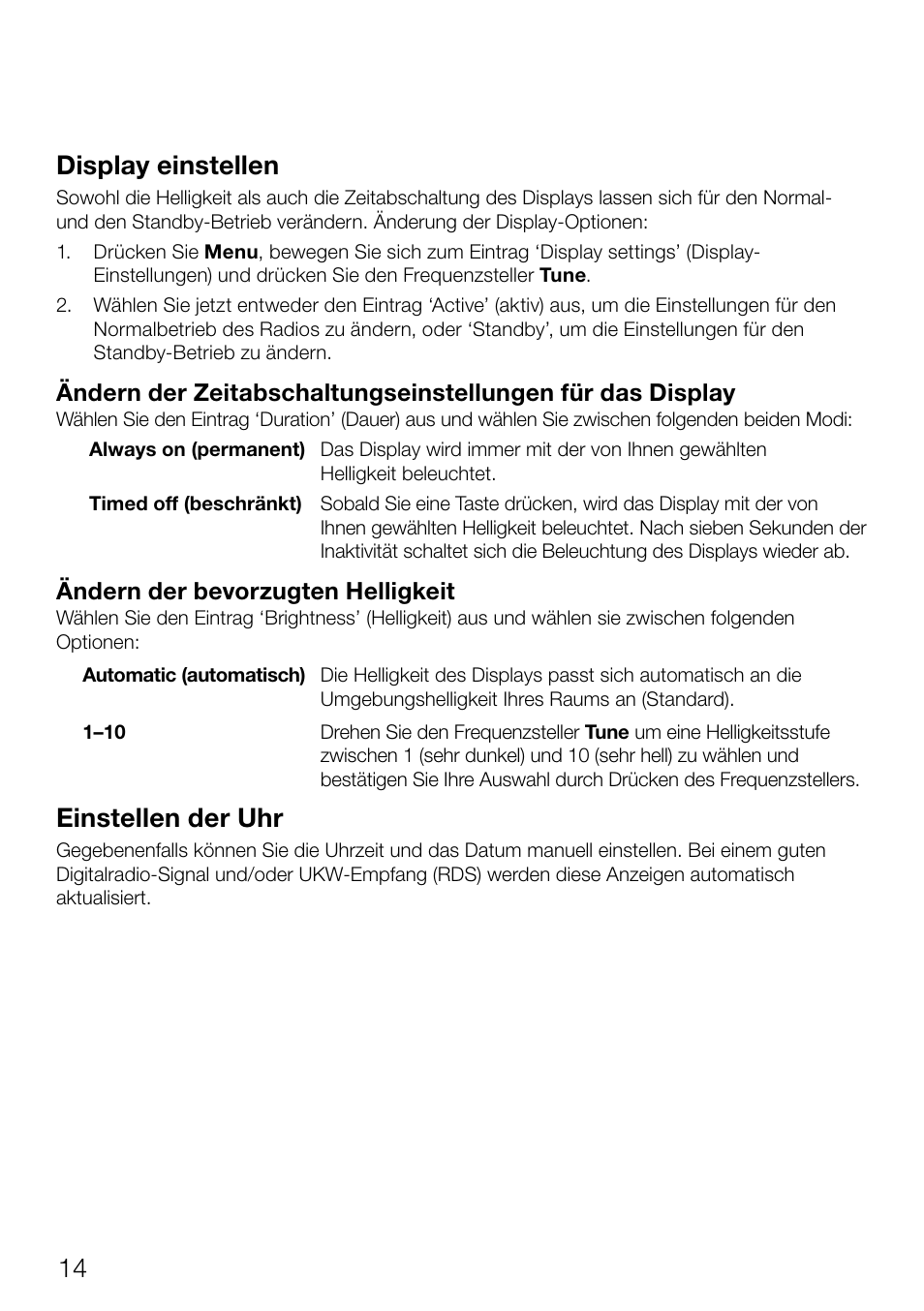 14 display einstellen, Einstellen der uhr | Pure Evoke Mio Deutsche Grammophon User Manual | Page 34 / 112