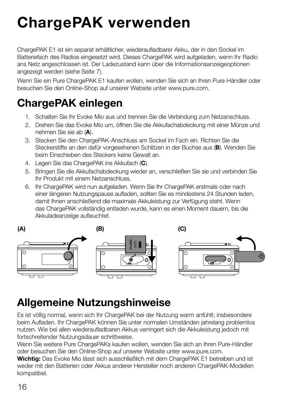 Chargepak verwenden, Chargepak einlegen, Allgemeine nutzungshinweise | Pure Evoke Mio Deutsche Grammophon User Manual | Page 36 / 112