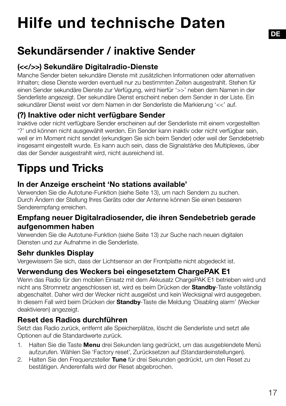 Hilfe und technische daten, Sekundärsender / inaktive sender, Tipps und tricks | Pure Evoke Mio Deutsche Grammophon User Manual | Page 37 / 112