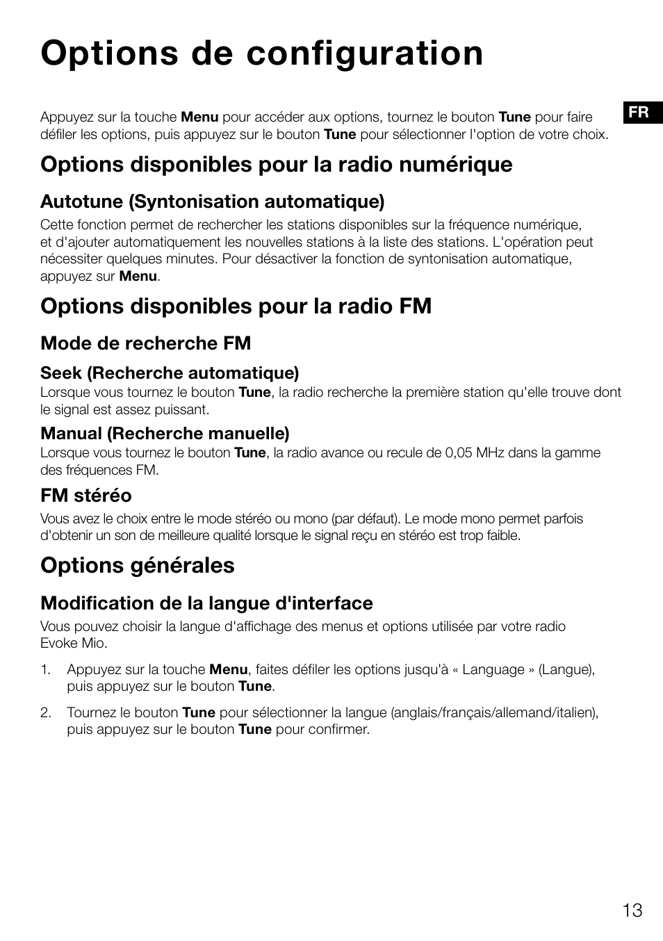 Options de configuration, Options disponibles pour la radio numérique, Options disponibles pour la radio fm | Options générales, Autotune (syntonisation automatique), Mode de recherche fm, Fm stéréo, Modification de la langue d'interface | Pure Evoke Mio Deutsche Grammophon User Manual | Page 51 / 112