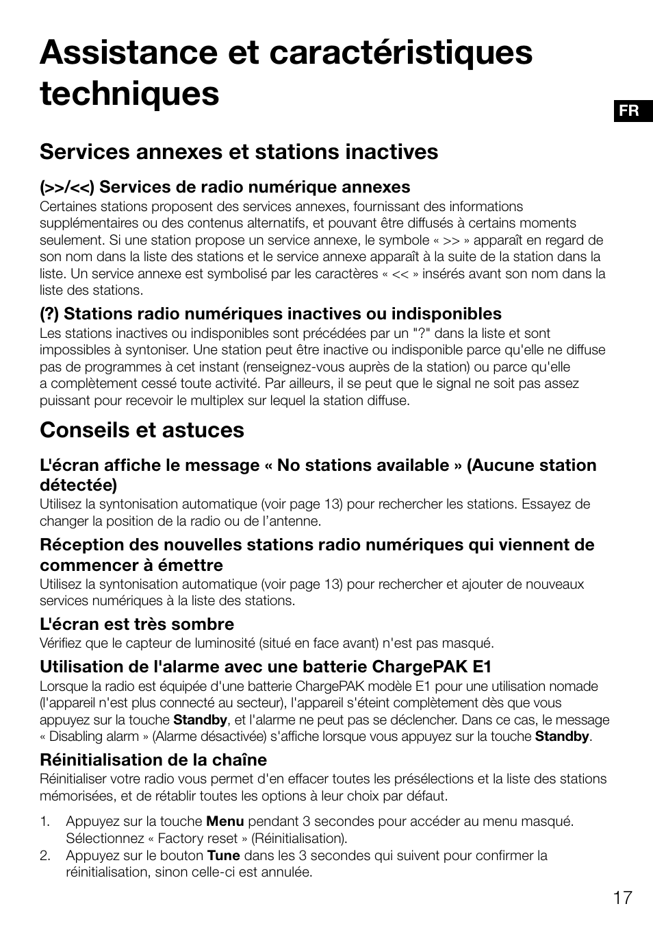 Assistance et caractéristiques techniques, Services annexes et stations inactives, Conseils et astuces | Pure Evoke Mio Deutsche Grammophon User Manual | Page 55 / 112
