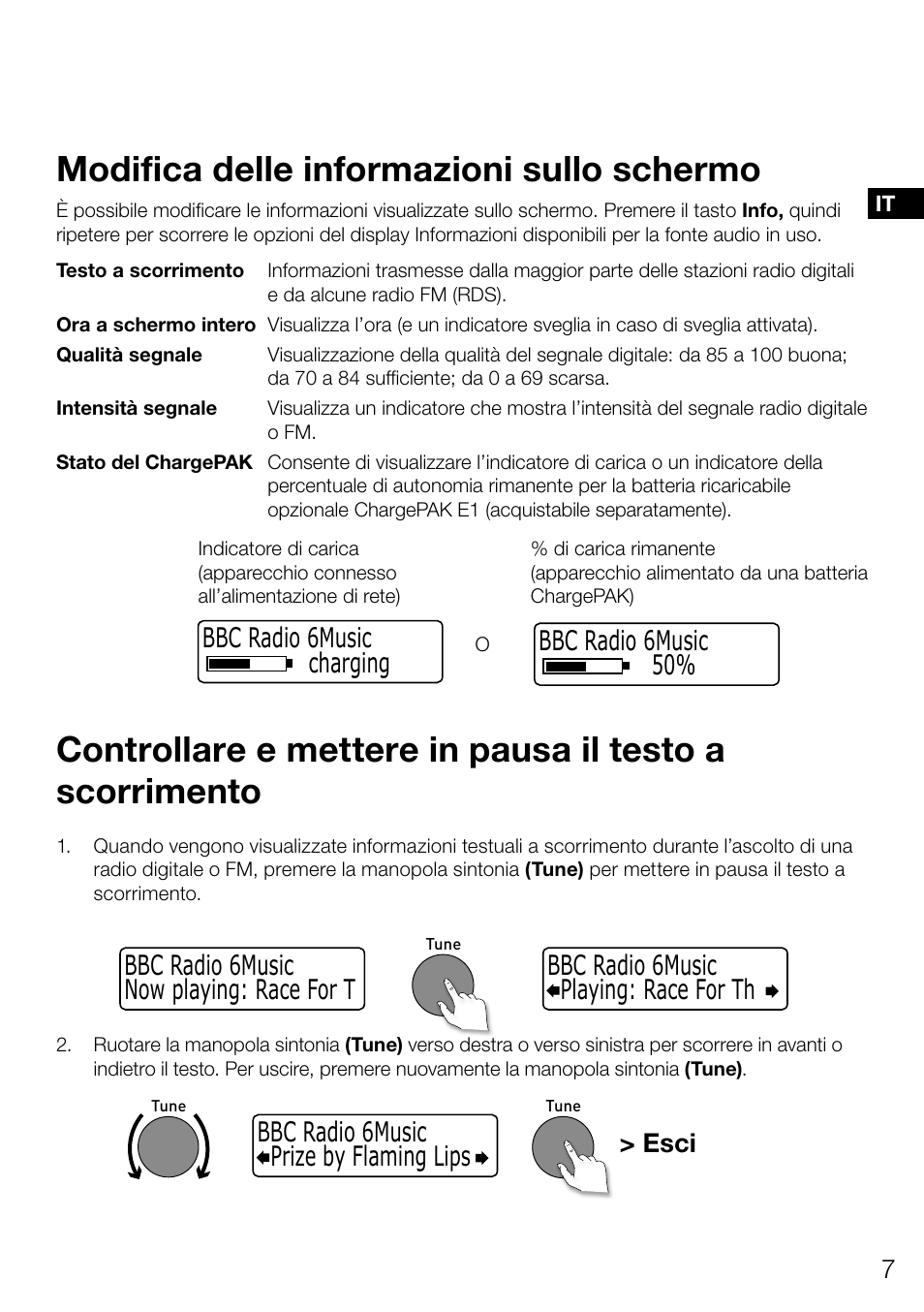 Modifica delle informazioni sullo schermo, Bbc radio 6music charging bbc radio 6music 50, Esci | Pure Evoke Mio Deutsche Grammophon User Manual | Page 63 / 112