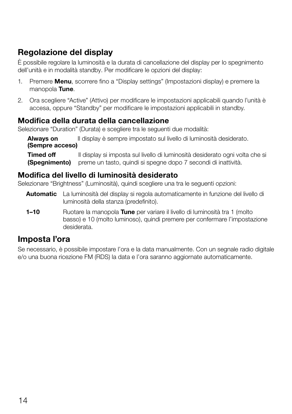 14 regolazione del display, Imposta l’ora | Pure Evoke Mio Deutsche Grammophon User Manual | Page 70 / 112