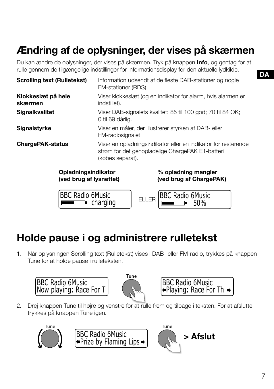 Ændring af de oplysninger, der vises på skærmen, Holde pause i og administrere rulletekst, Afslut | Bbc radio 6music charging bbc radio 6music 50 | Pure Evoke Mio Deutsche Grammophon User Manual | Page 81 / 112