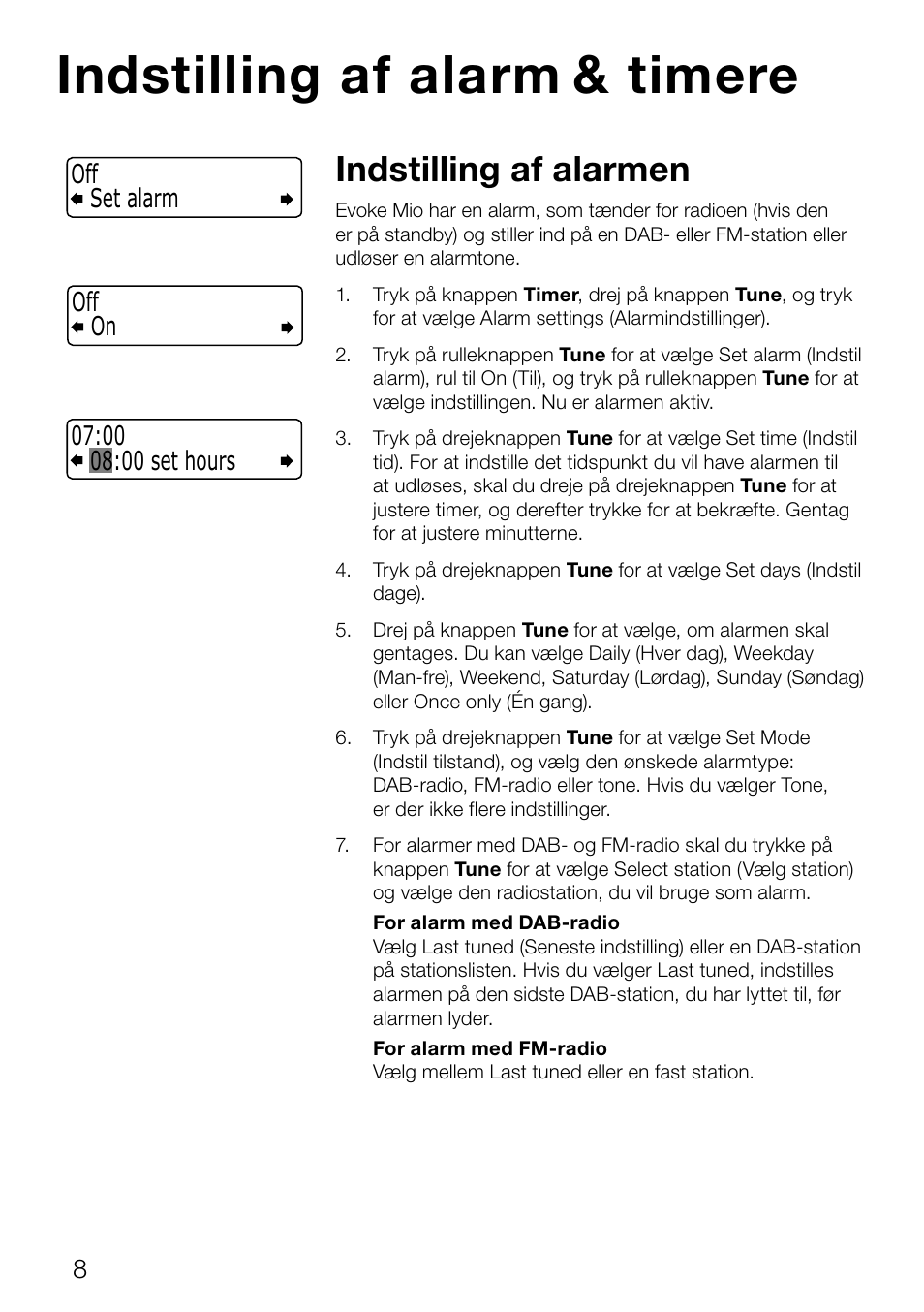 Indstilling af alarm & timere, Indstilling af alarmen | Pure Evoke Mio Deutsche Grammophon User Manual | Page 82 / 112