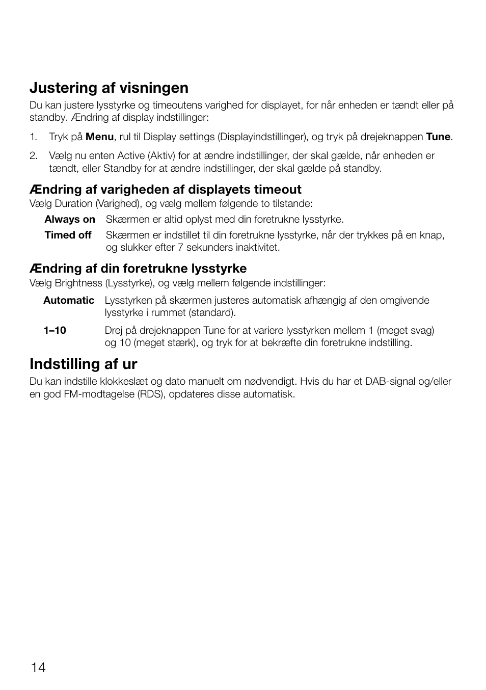 Justering af visningen, Indstilling af ur | Pure Evoke Mio Deutsche Grammophon User Manual | Page 88 / 112