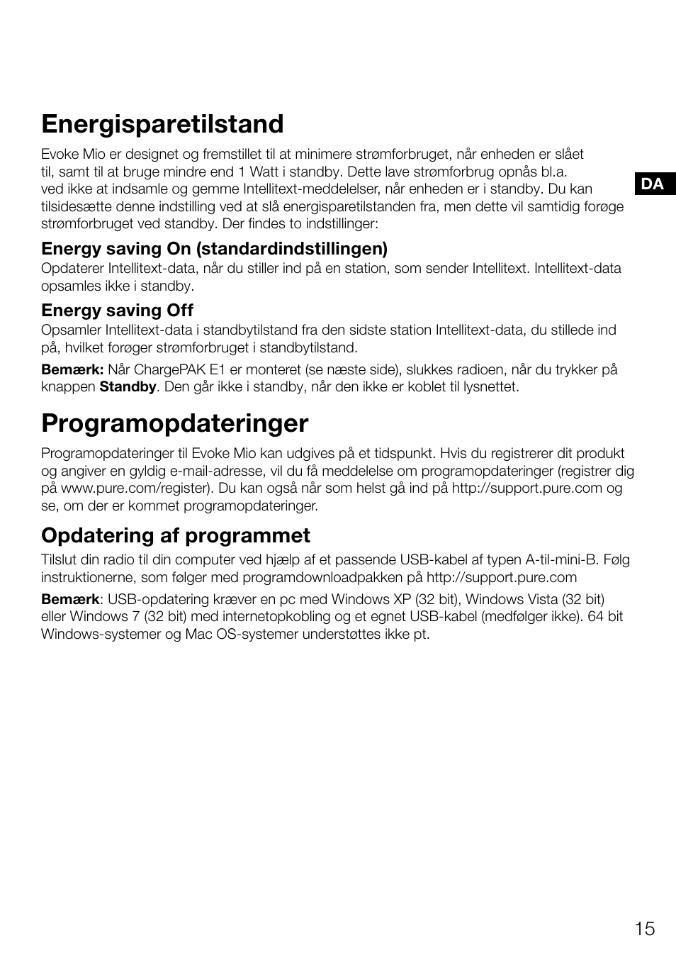 Energisparetilstand, Programopdateringer, Opdatering af programmet | Pure Evoke Mio Deutsche Grammophon User Manual | Page 89 / 112