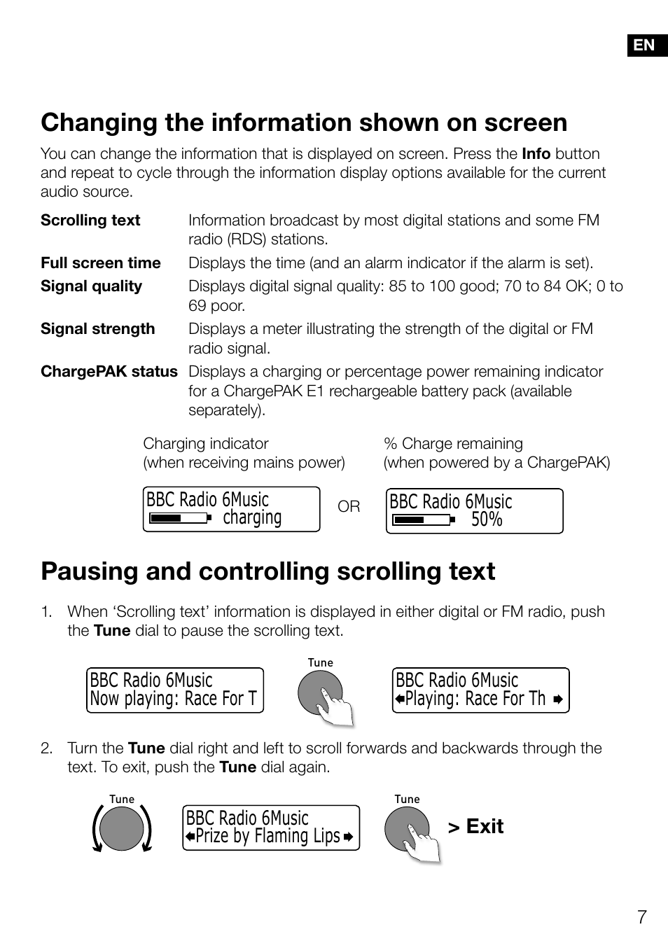 Changing the information shown on screen, Pausing and controlling scrolling text, Exit | Bbc radio 6music charging bbc radio 6music 50 | Pure Evoke Mio Deutsche Grammophon User Manual | Page 9 / 112