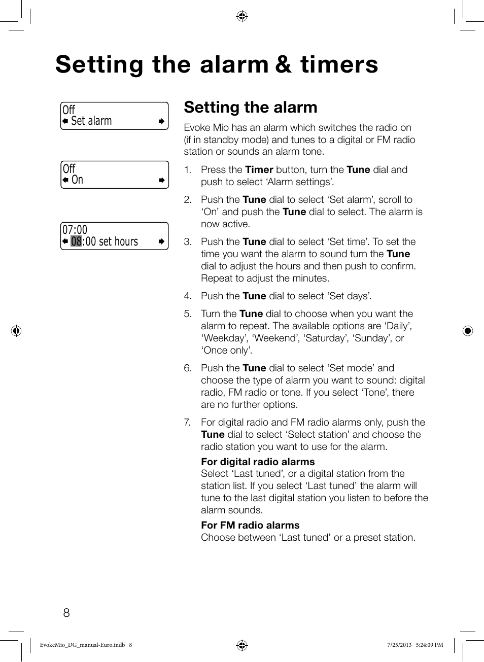 Setting the alarm & timers, Setting the alarm | Pure Evoke Mio User Manual | Page 10 / 22