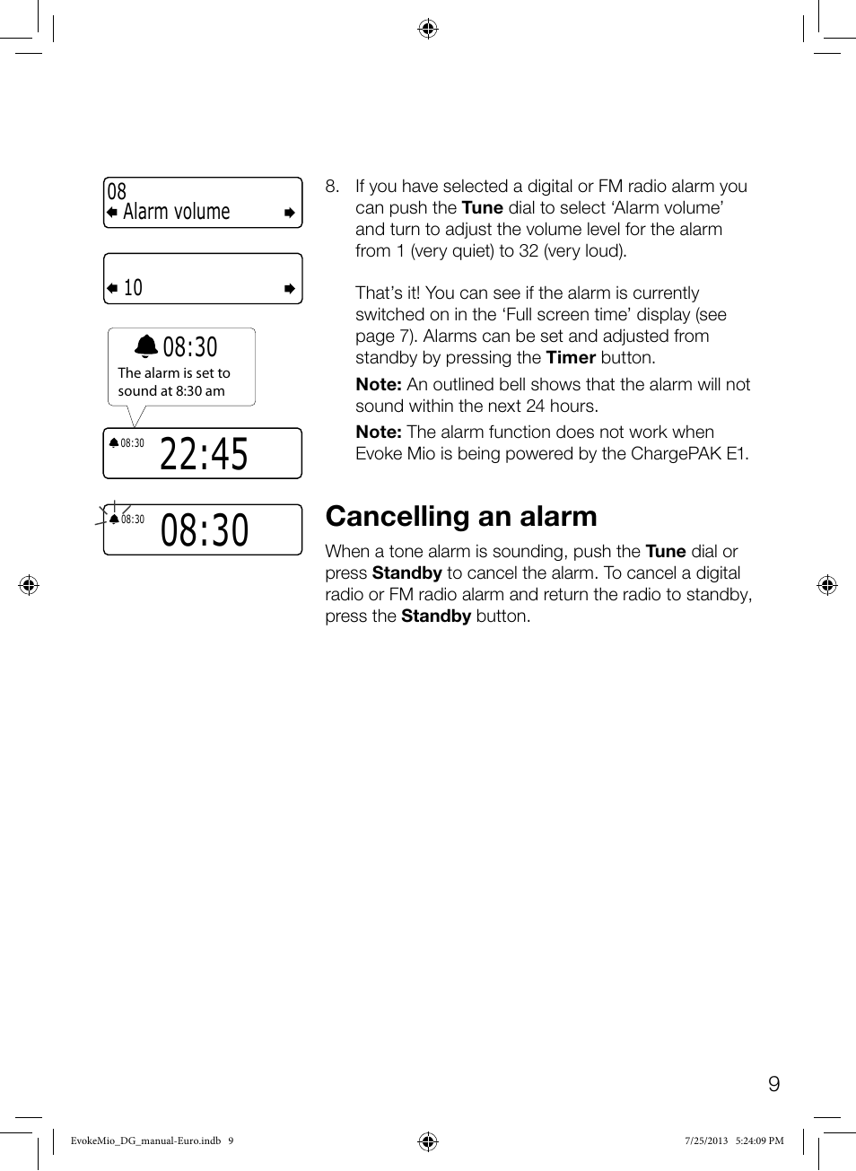 Cancelling an alarm, Alarm volume 08 10 | Pure Evoke Mio User Manual | Page 11 / 22