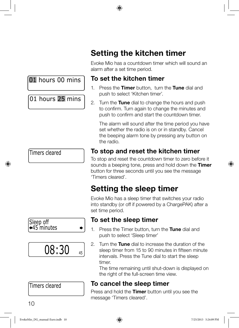 Setting the kitchen timer, Setting the sleep timer, 01 hours 00 mins | Pure Evoke Mio User Manual | Page 12 / 22