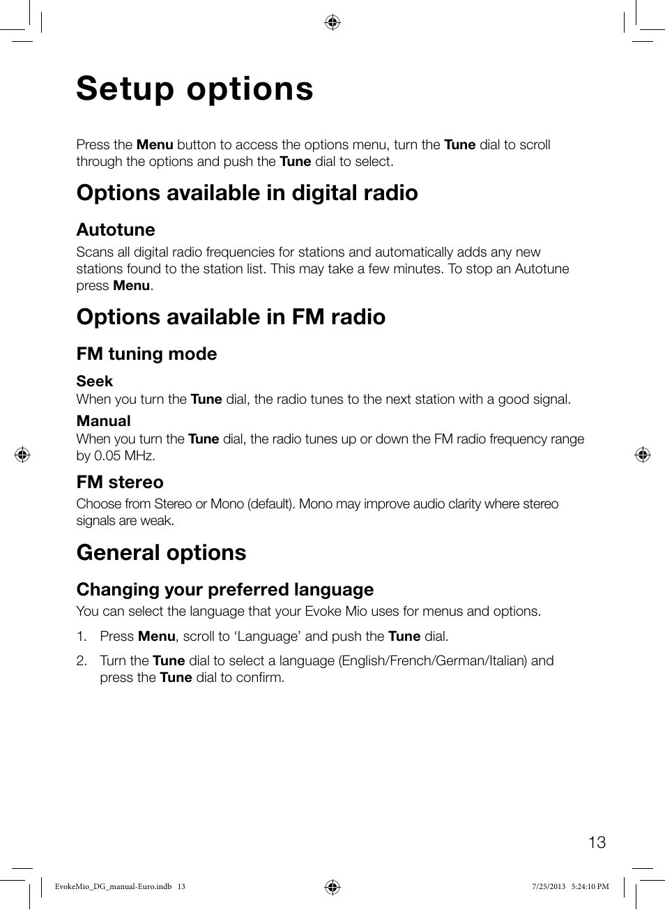 Setup options, Options available in digital radio, Options available in fm radio | General options, Autotune, Fm tuning mode, Fm stereo, Changing your preferred language | Pure Evoke Mio User Manual | Page 15 / 22