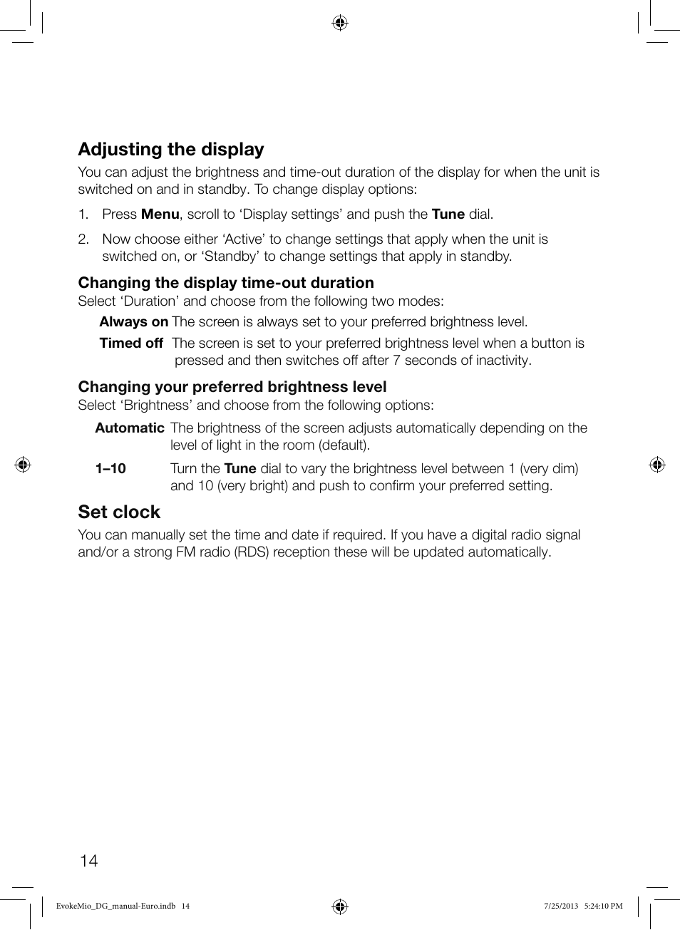 Adjusting the display, Set clock | Pure Evoke Mio User Manual | Page 16 / 22