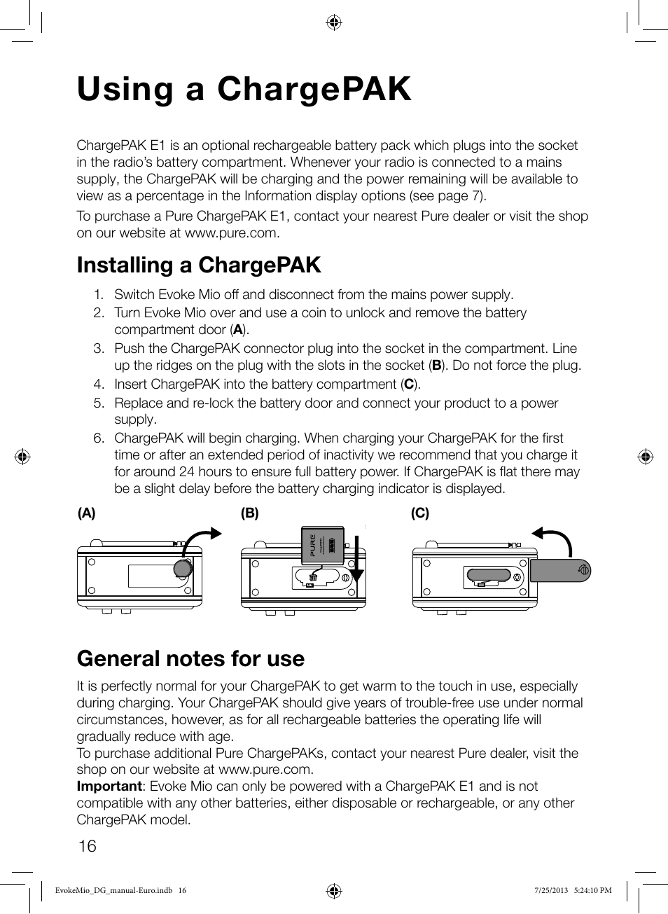 Using a chargepak, Installing a chargepak | Pure Evoke Mio User Manual | Page 18 / 22