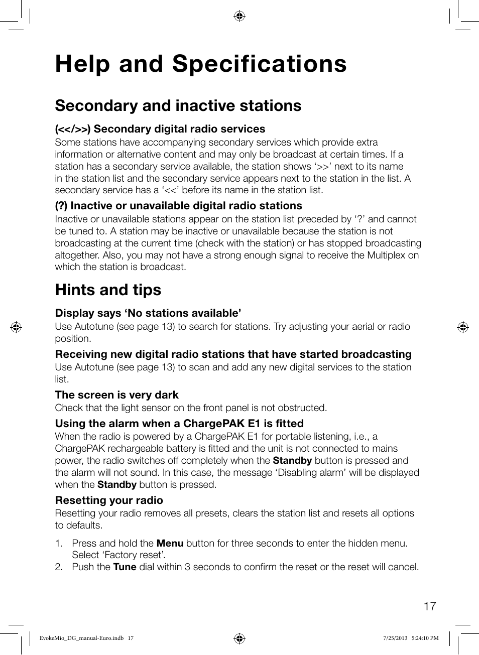 Help and specifications, Secondary and inactive stations, Hints and tips | Pure Evoke Mio User Manual | Page 19 / 22