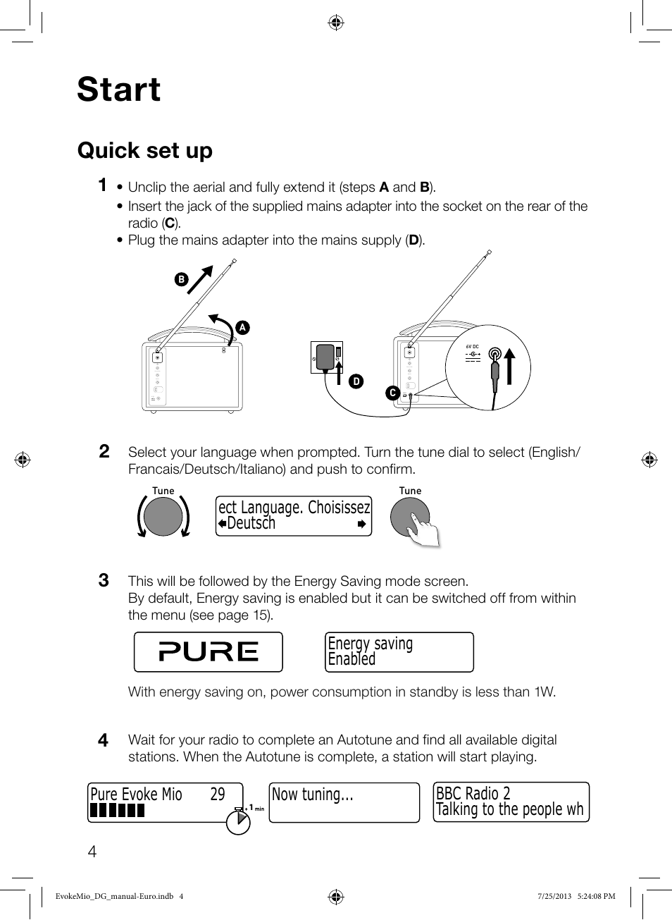 Start, Quick set up, Now tuning... talking to the people wh bbc radio 2 | Deutsch ect language. choisissez, Enabled energy saving, Pure evoke mio 29 | Pure Evoke Mio User Manual | Page 6 / 22