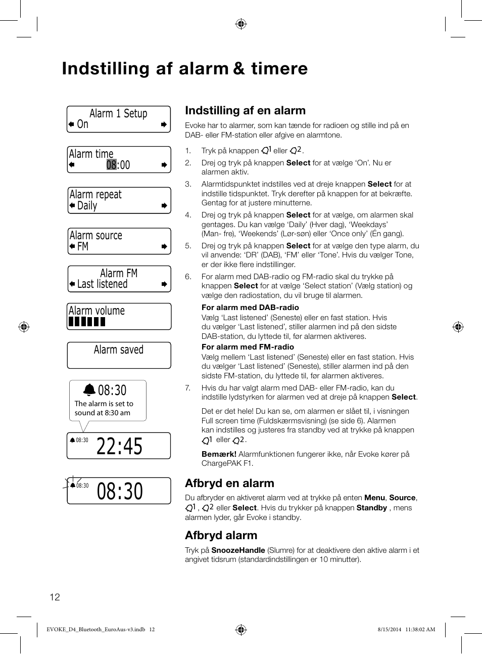 Indstilling af alarm & timere, Indstilling af en alarm, Afbryd en alarm | Afbryd alarm, Alarm saved | Pure Evoke D4 with Bluetooth User Manual | Page 102 / 136