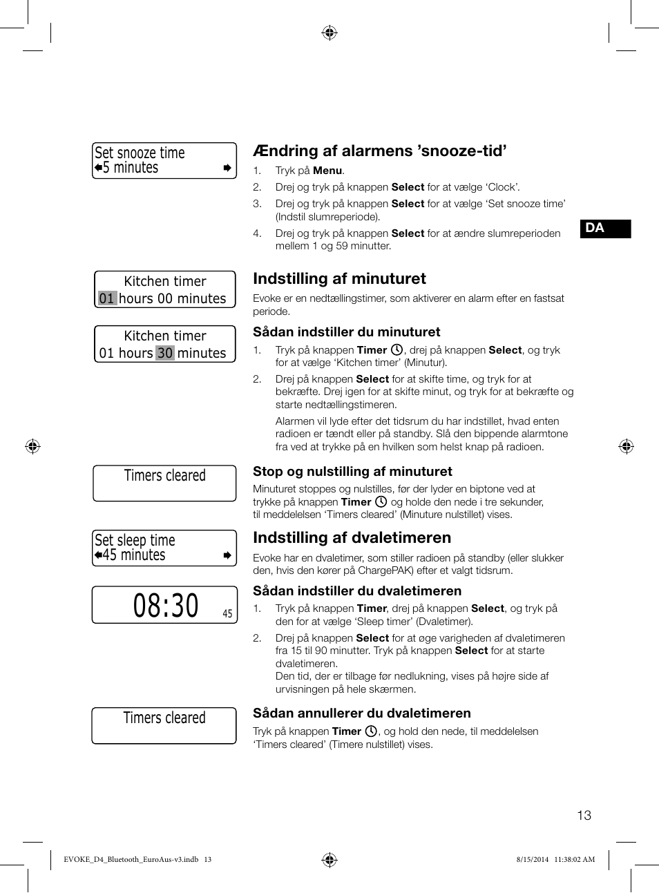 Ændring af alarmens ’snooze-tid, Indstilling af minuturet, Indstilling af dvaletimeren | 45 minutes set sleep time, 5 minutes set snooze time, Timers cleared | Pure Evoke D4 with Bluetooth User Manual | Page 103 / 136