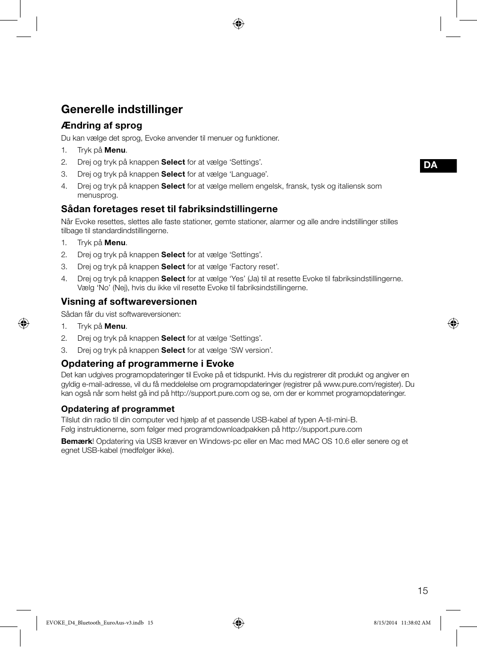 Generelle indstillinger | Pure Evoke D4 with Bluetooth User Manual | Page 105 / 136