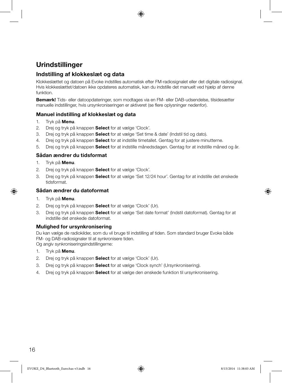 Urindstillinger, Indstilling af klokkeslæt og data | Pure Evoke D4 with Bluetooth User Manual | Page 106 / 136