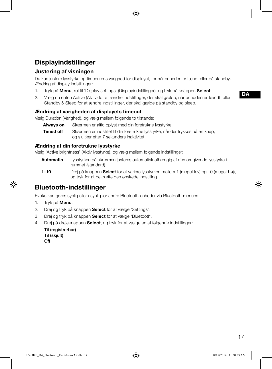 Displayindstillinger, Bluetooth-indstillinger | Pure Evoke D4 with Bluetooth User Manual | Page 107 / 136