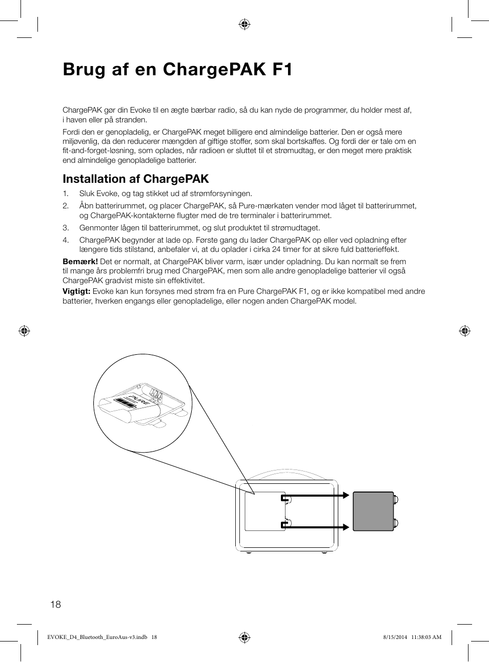 Brug af en chargepak f1, Installation af chargepak | Pure Evoke D4 with Bluetooth User Manual | Page 108 / 136