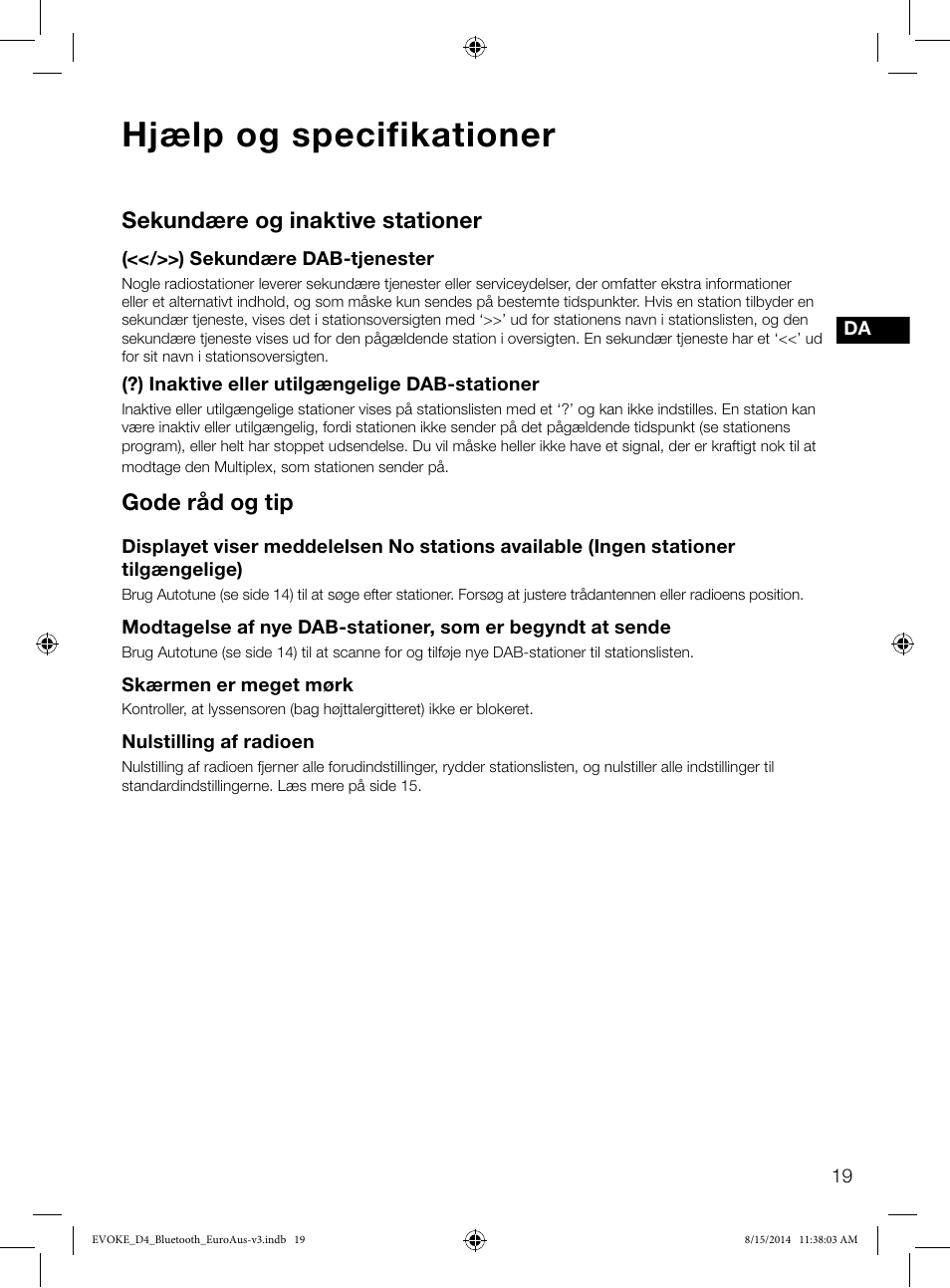 Hjælp og specifikationer, Sekundære og inaktive stationer, Gode råd og tip | Pure Evoke D4 with Bluetooth User Manual | Page 109 / 136
