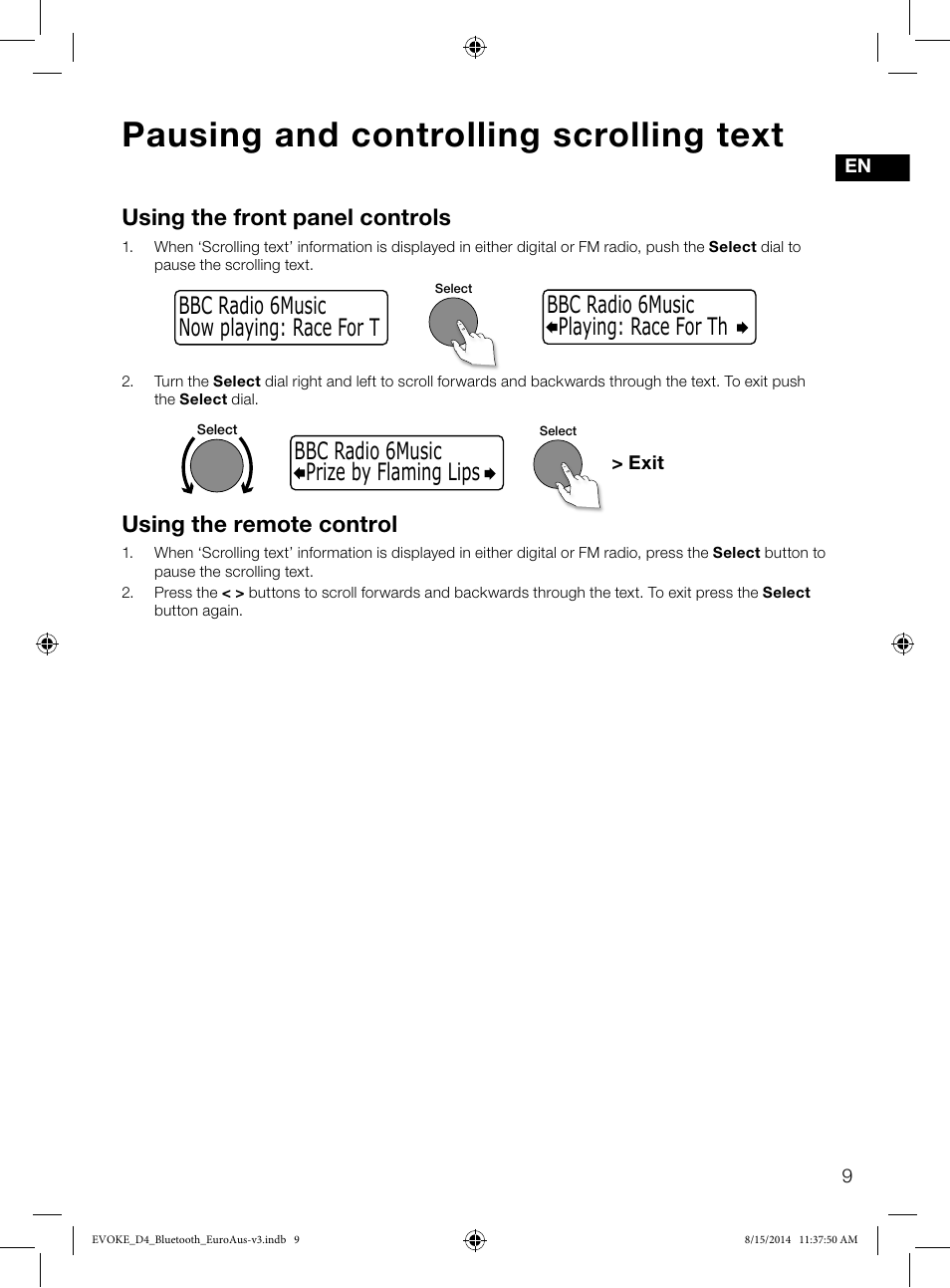 Pausing and controlling scrolling text, Using the front panel controls, Using the remote control | Pure Evoke D4 with Bluetooth User Manual | Page 11 / 136