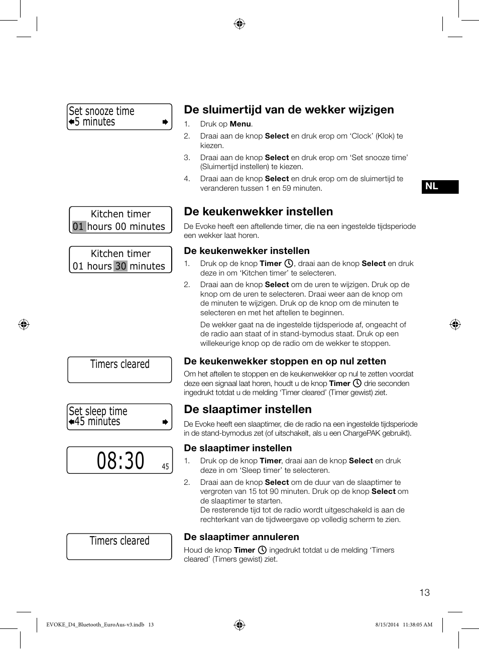 De sluimertijd van de wekker wijzigen, De keukenwekker instellen, De slaaptimer instellen | 45 minutes set sleep time, 5 minutes set snooze time, Timers cleared | Pure Evoke D4 with Bluetooth User Manual | Page 125 / 136