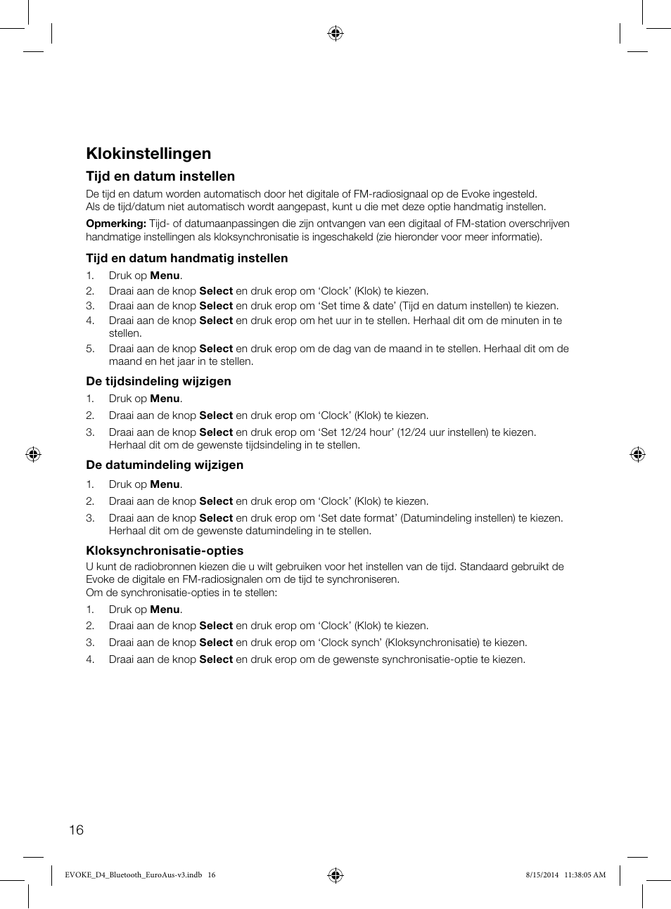 Klokinstellingen, Tijd en datum instellen | Pure Evoke D4 with Bluetooth User Manual | Page 128 / 136