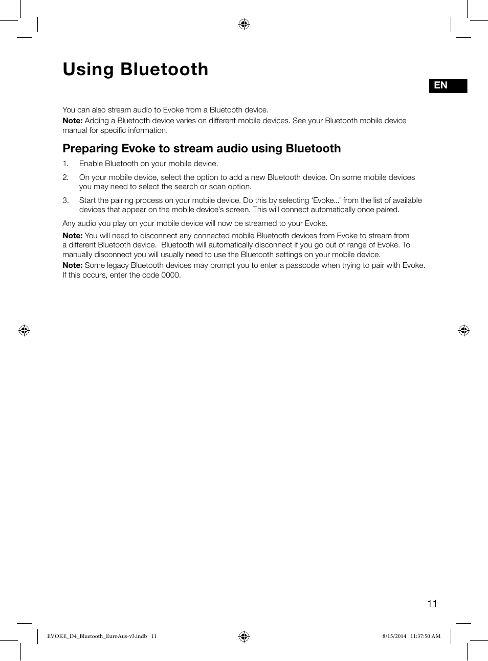 Using bluetooth, Preparing evoke to stream audio using bluetooth | Pure Evoke D4 with Bluetooth User Manual | Page 13 / 136