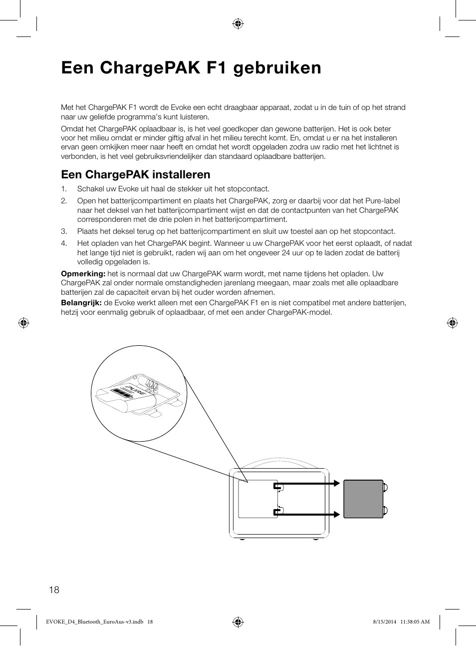 Een chargepak f1 gebruiken, Een chargepak installeren | Pure Evoke D4 with Bluetooth User Manual | Page 130 / 136