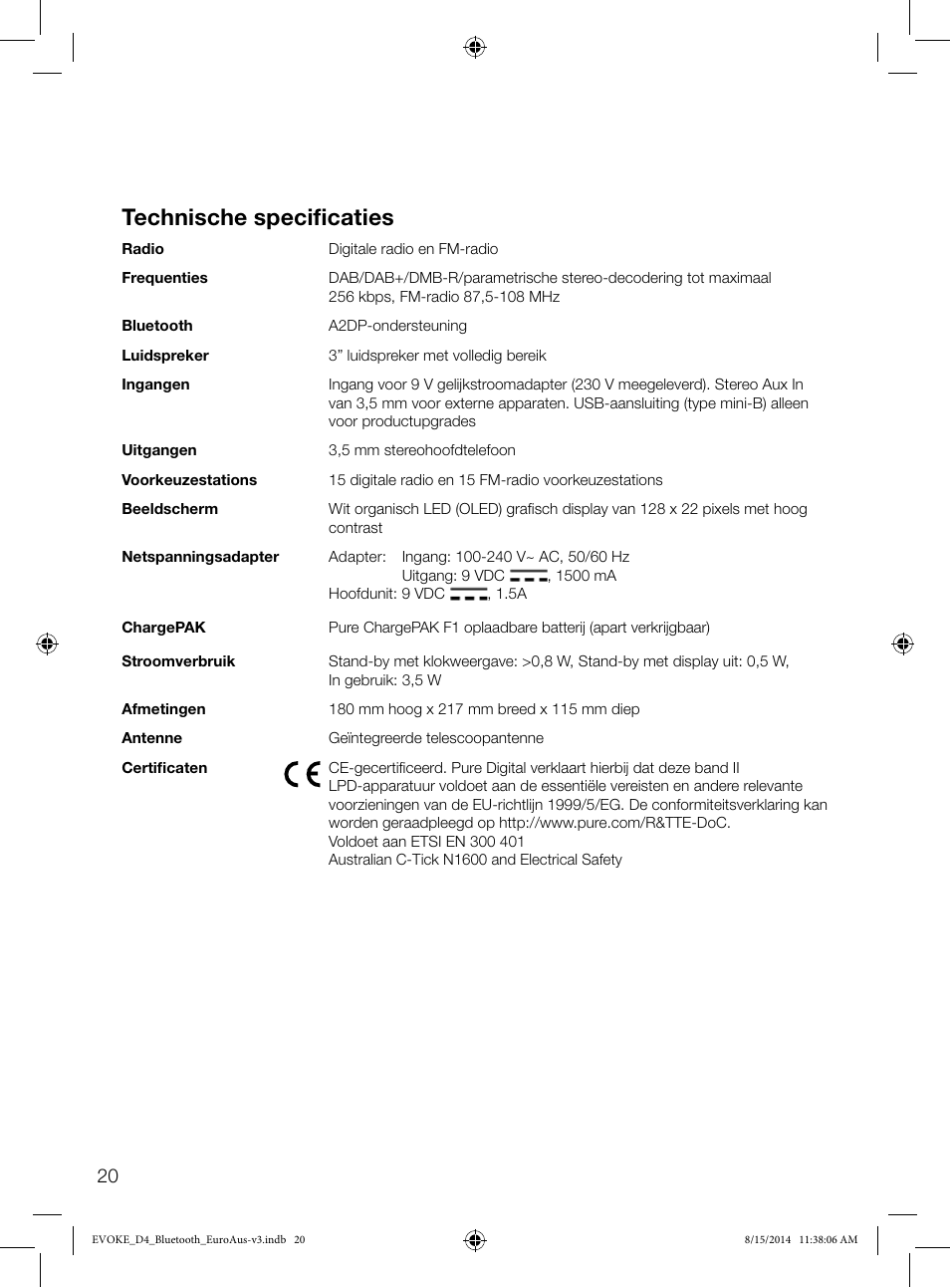 Technische specificaties | Pure Evoke D4 with Bluetooth User Manual | Page 132 / 136
