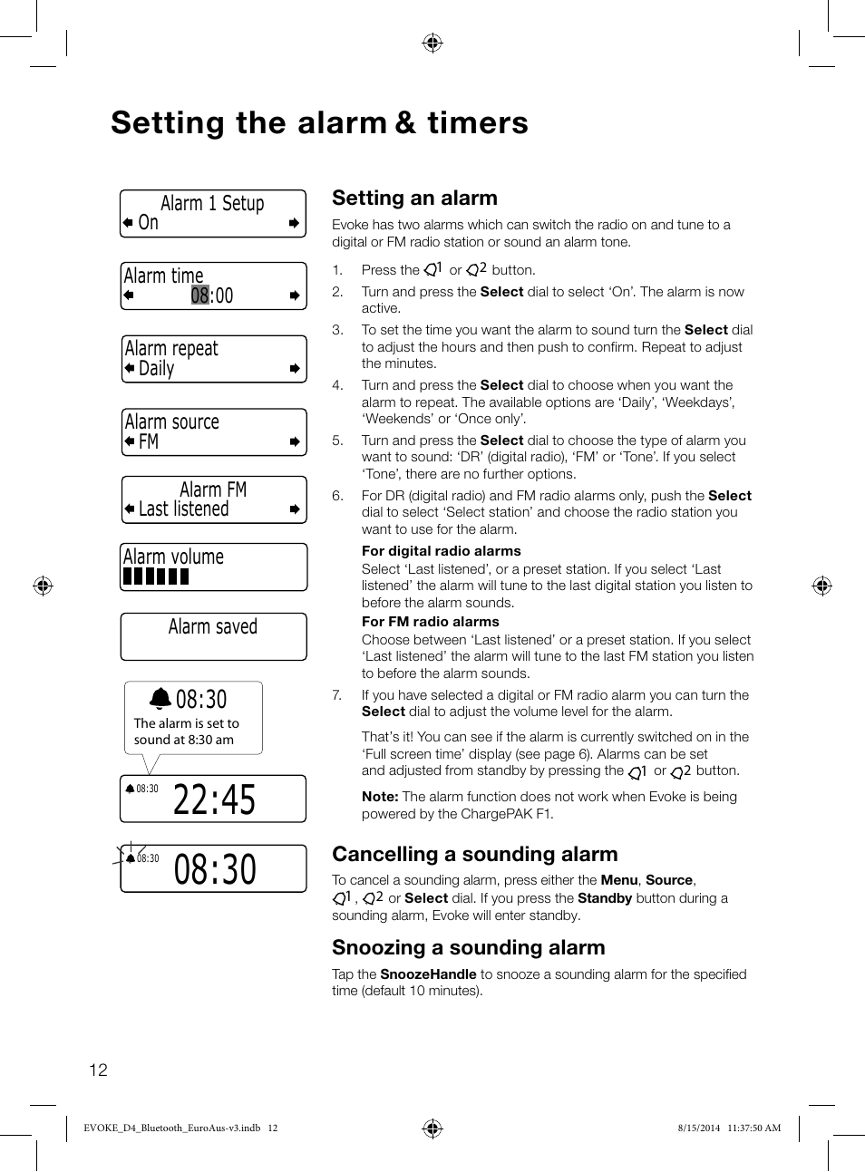 Setting the alarm & timers, Setting an alarm, Cancelling a sounding alarm | Snoozing a sounding alarm, Alarm volume, Alarm saved | Pure Evoke D4 with Bluetooth User Manual | Page 14 / 136