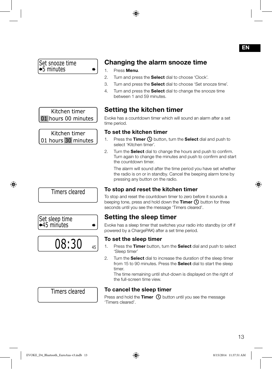 Changing the alarm snooze time, Setting the kitchen timer, Setting the sleep timer | 45 minutes set sleep time, 5 minutes set snooze time, Timers cleared | Pure Evoke D4 with Bluetooth User Manual | Page 15 / 136