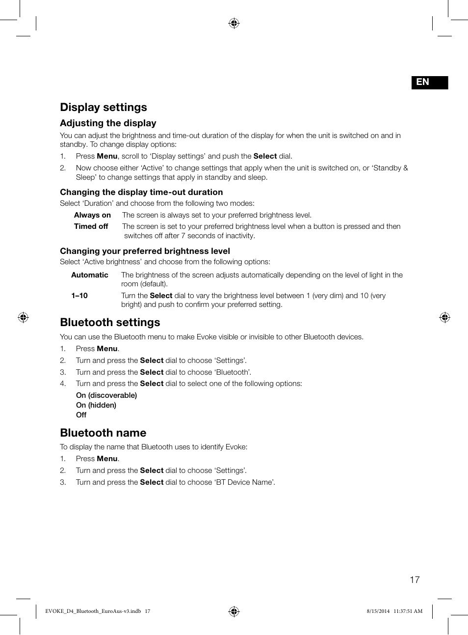 Display settings, Bluetooth settings, Bluetooth name | Pure Evoke D4 with Bluetooth User Manual | Page 19 / 136