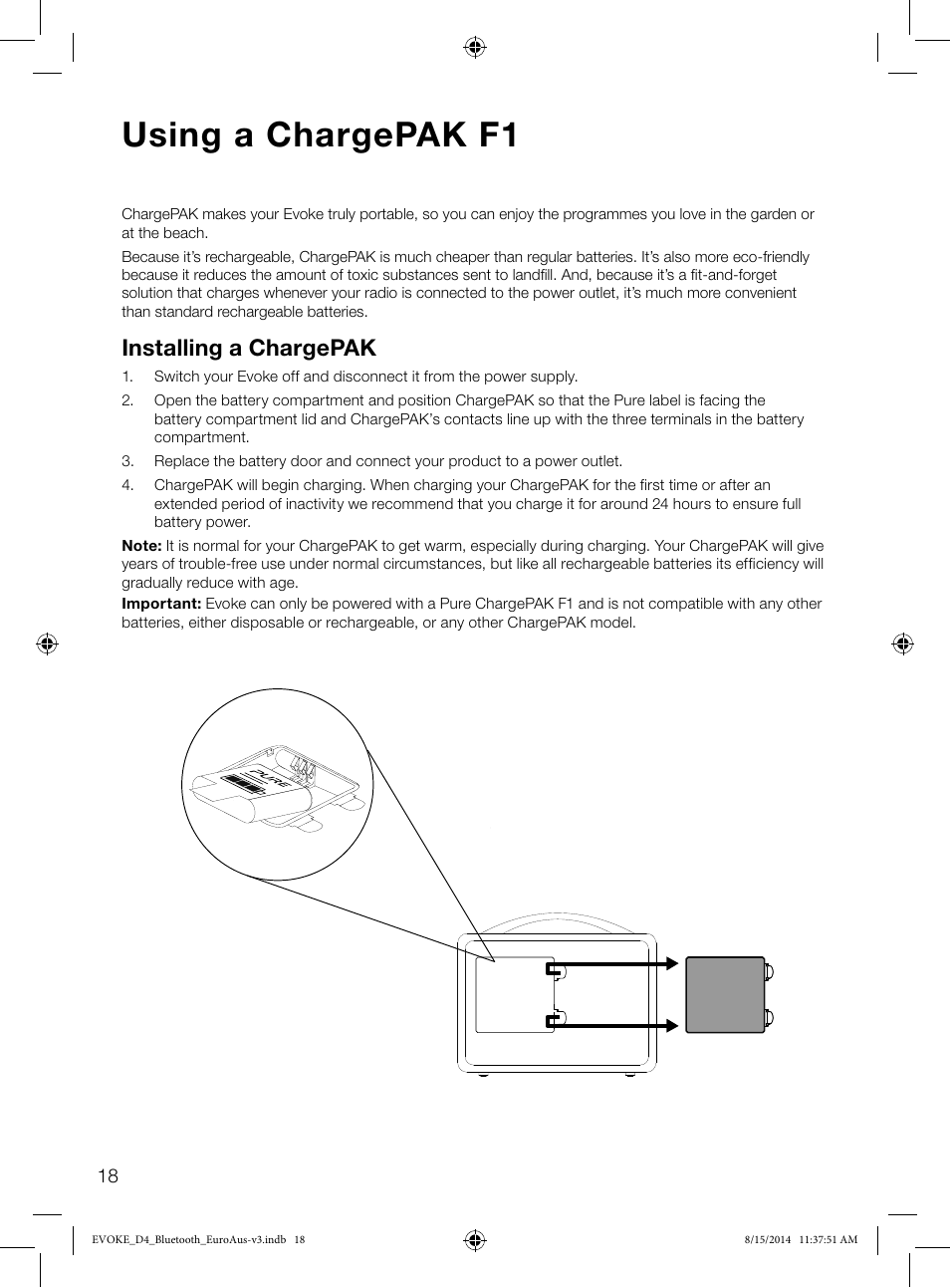 Using a chargepak f1, Installing a chargepak | Pure Evoke D4 with Bluetooth User Manual | Page 20 / 136