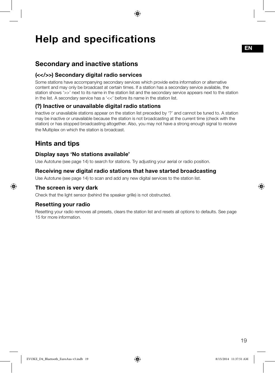 Help and specifications, Secondary and inactive stations, Hints and tips | Pure Evoke D4 with Bluetooth User Manual | Page 21 / 136