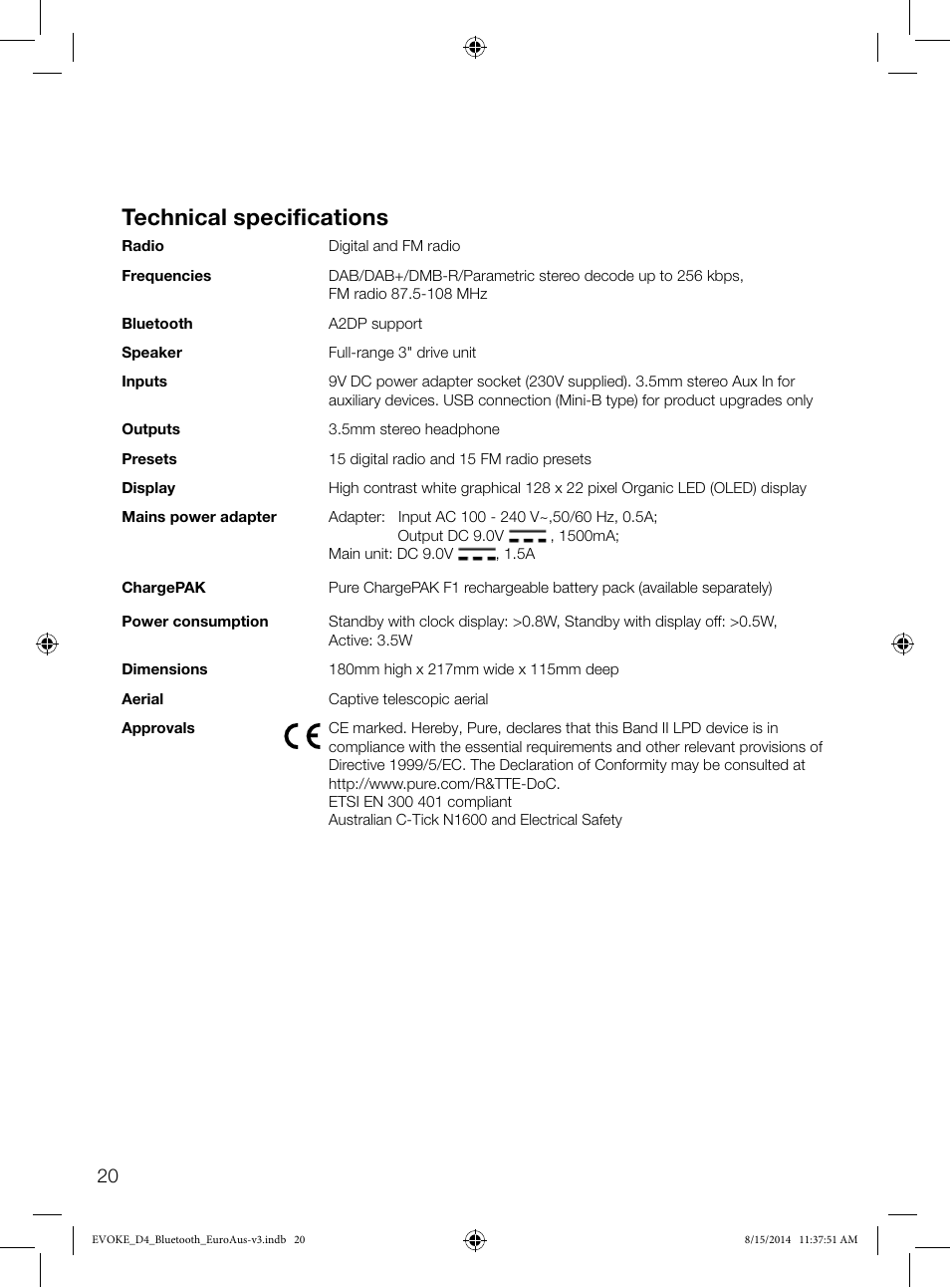 Technical specifications | Pure Evoke D4 with Bluetooth User Manual | Page 22 / 136
