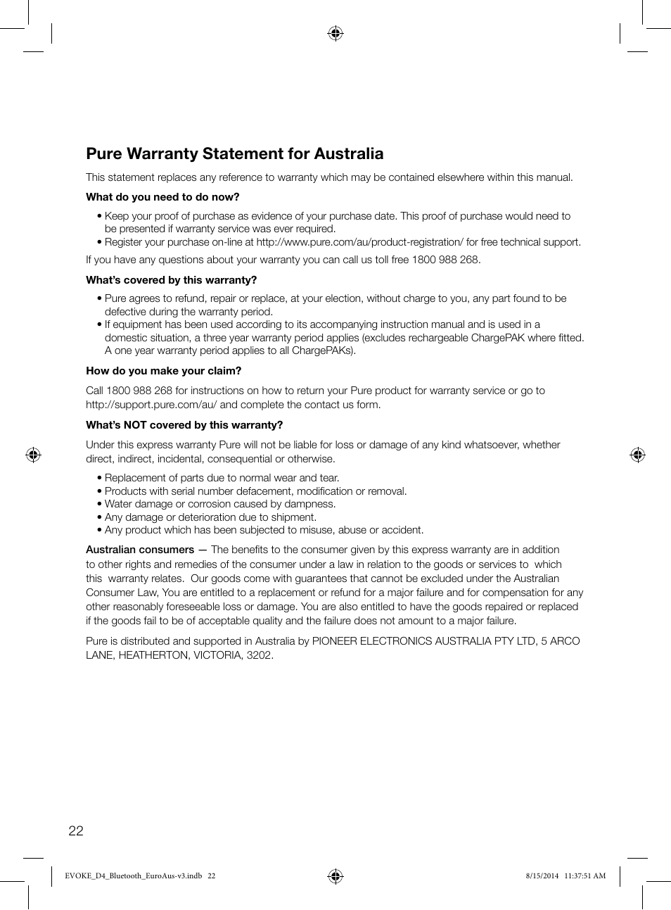 Pure warranty statement for australia | Pure Evoke D4 with Bluetooth User Manual | Page 24 / 136