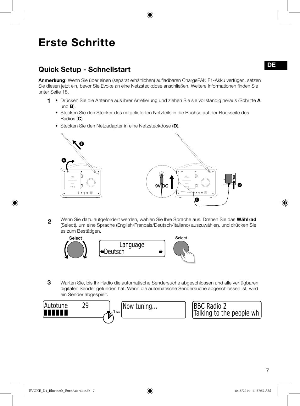 Erste schritte, Talking to the people wh bbc radio 2, Quick setup - schnellstart | Now tuning, Deutsch language, Autotune 29 | Pure Evoke D4 with Bluetooth User Manual | Page 31 / 136