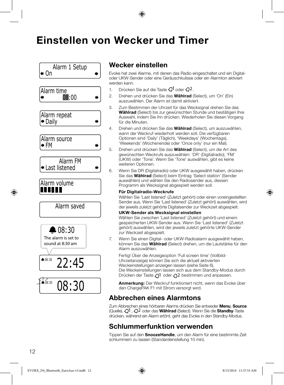 Einstellen von wecker und timer, Wecker einstellen, Abbrechen eines alarmtons | Schlummerfunktion verwenden, Alarm saved | Pure Evoke D4 with Bluetooth User Manual | Page 36 / 136