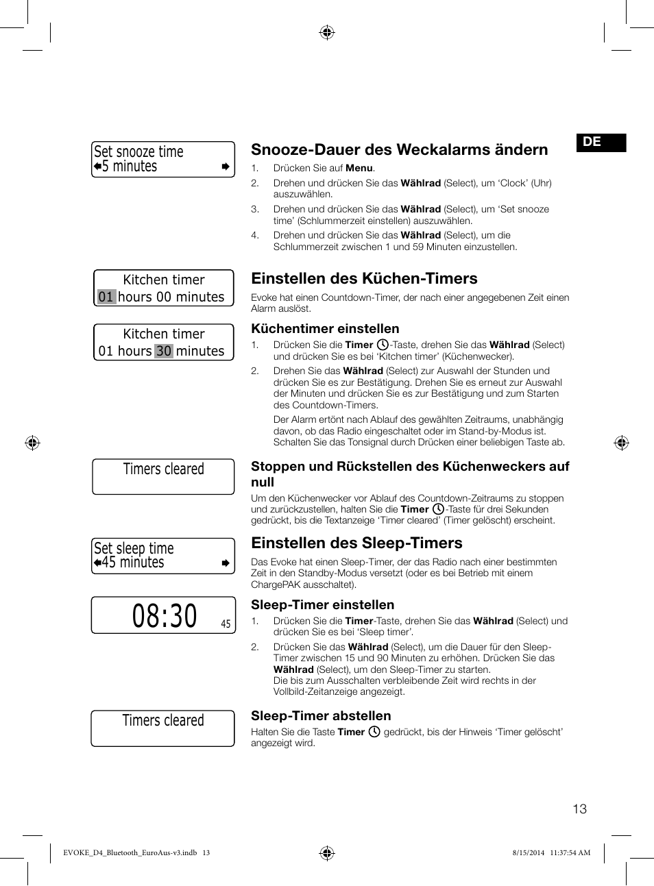 Snooze-dauer des weckalarms ändern, Einstellen des küchen-timers, Einstellen des sleep-timers | 45 minutes set sleep time, 5 minutes set snooze time, Timers cleared | Pure Evoke D4 with Bluetooth User Manual | Page 37 / 136